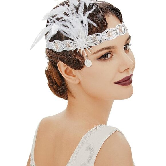 Vintage Flapper Headband Feather Sequin 1920s Gatsby Party Hair Accessory